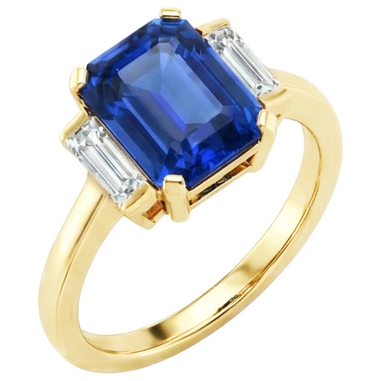 Bague Gemme Emeraude Or Jaune Diamants Baguette 5 Carats 3 Pierres