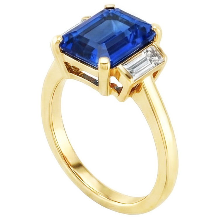 Bague Gemme Emeraude Or Jaune Diamants Baguette 5 Carats 3 Pierres