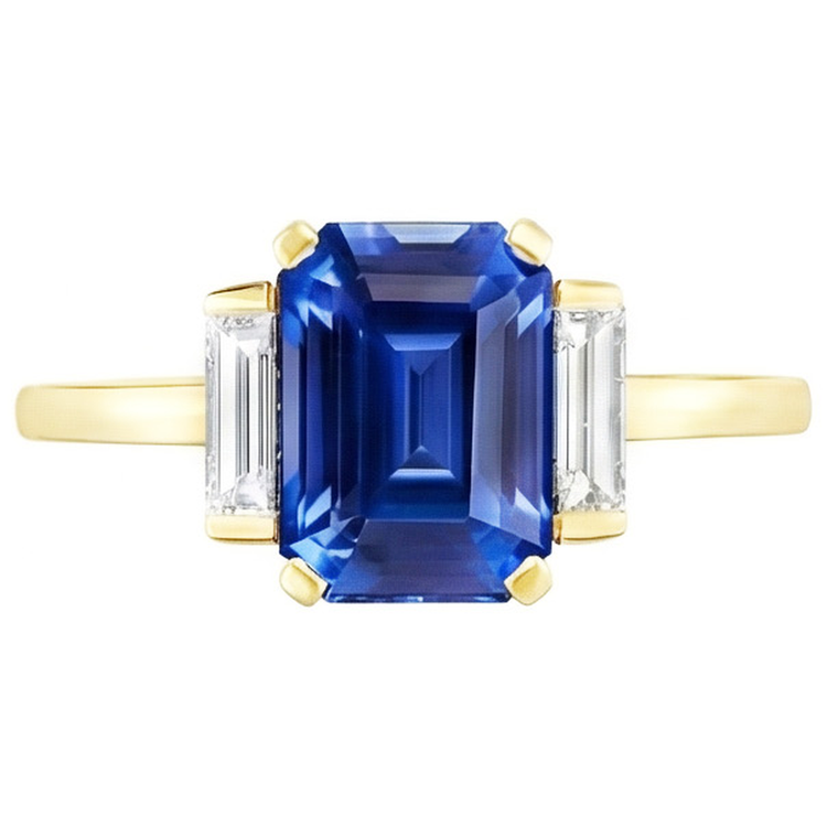 Bague Gemme Emeraude Or Jaune Diamants Baguette 5 Carats 3 Pierres