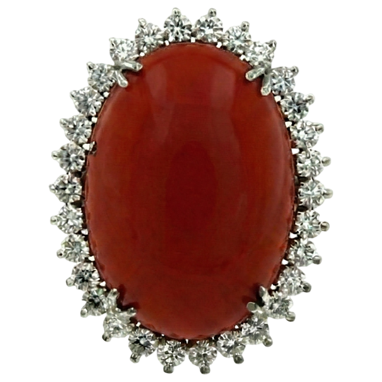 Bague Grand Corail Rouge Ovale Avec Petits Diamants Naturels Extraits des Mines ( et non cultivés en laboratoire ) Ronds 13 Ct Or Blanc 14K
