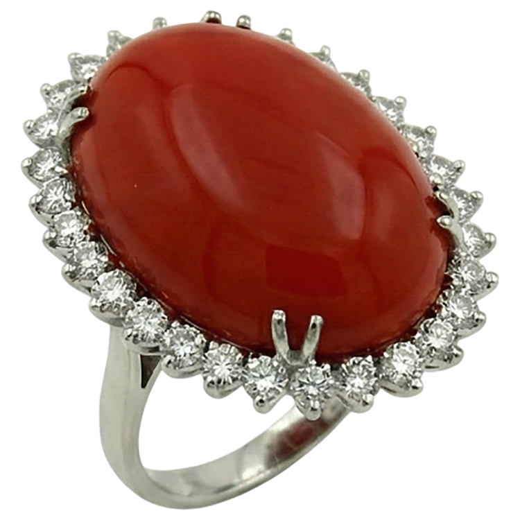 Bague Grand Corail Rouge Ovale Avec Petits Diamants Naturels Extraits des Mines ( et non cultivés en laboratoire ) Ronds 13 Ct Or Blanc 14K