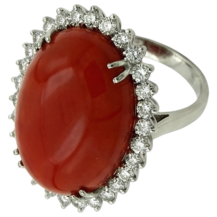 Bague Grand Corail Rouge Ovale Avec Petits Diamants Naturels Extraits des Mines ( et non cultivés en laboratoire ) Ronds 13 Ct Or Blanc 14K