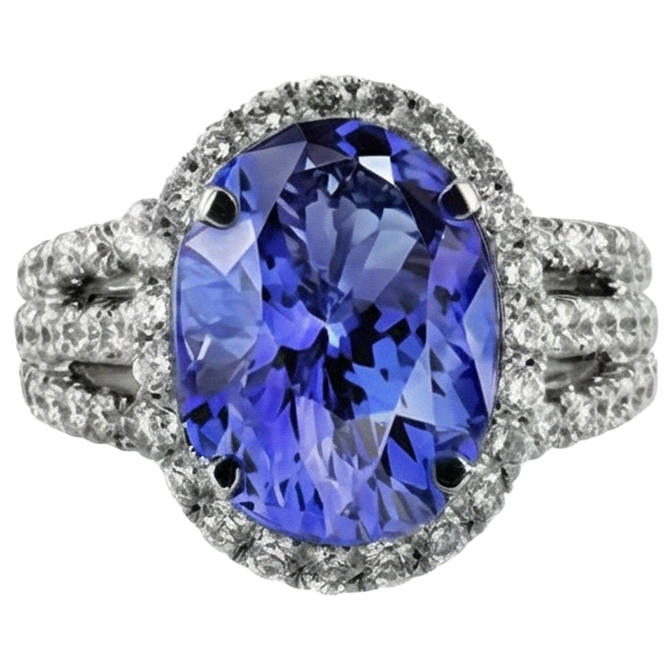 Bague Grande Tanzanite Ovale Avec Petits Diamants Ronds 6.70 Ct Or 14K