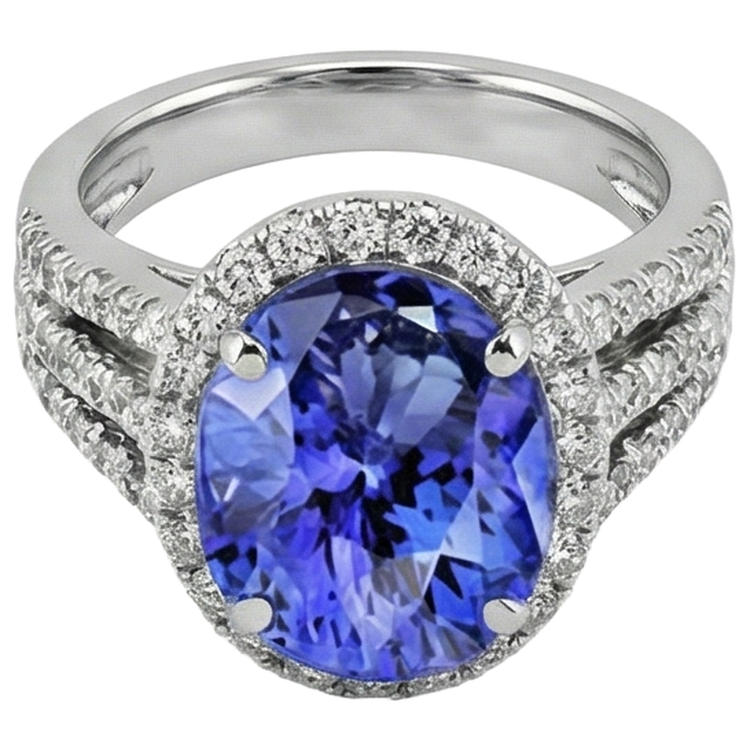 Bague Grande Tanzanite Ovale Avec Petits Diamants Ronds 6.70 Ct Or 14K