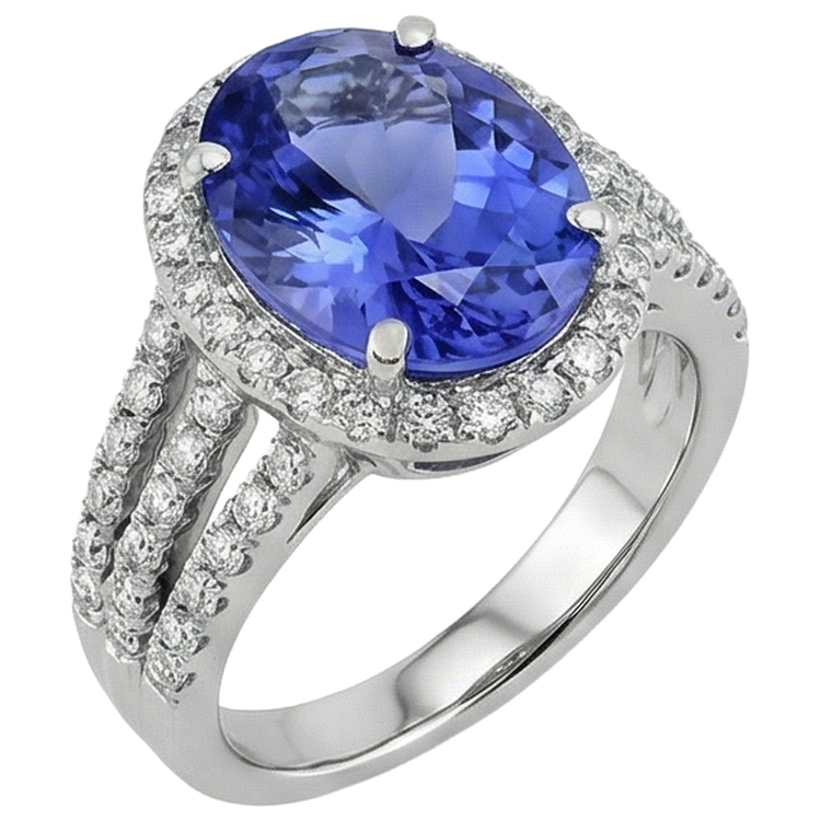 Bague Grande Tanzanite Ovale Avec Petits Diamants Ronds 6.70 Ct Or 14K