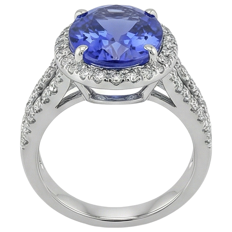 Bague Grande Tanzanite Ovale Avec Petits Diamants Ronds 6.70 Ct Or 14K