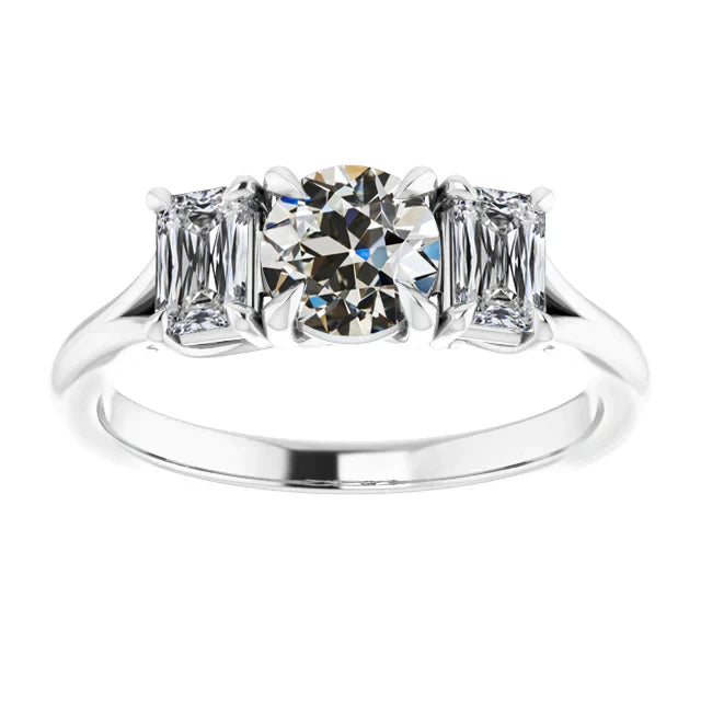 Bague Griffes D'Aigle 3 Pierres Emeraude & Véritable Diamant Rond Taille Ancienne Or 4 Carats