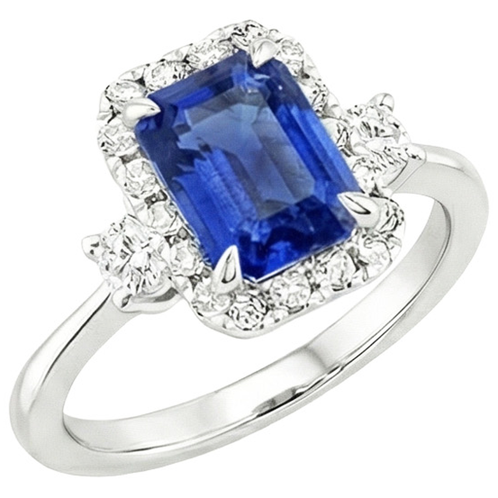 Bague Halo 3 Pierres Saphir Bleu Radiant & Diamant Naturels Extraits des Mines ( et non cultivés en laboratoire ) 4.50 Carats