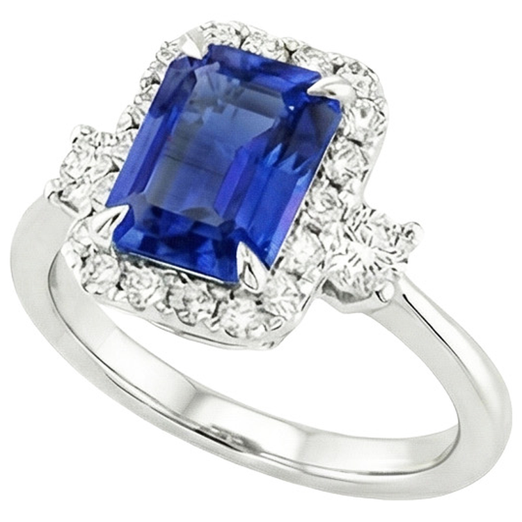 Bague Halo 3 Pierres Saphir Bleu Radiant & Diamant Naturels Extraits des Mines ( et non cultivés en laboratoire ) 4.50 Carats