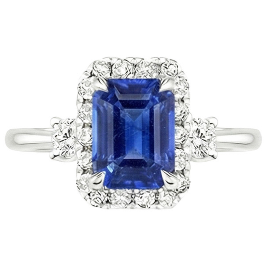 Bague Halo 3 Pierres Saphir Bleu Radiant & Diamant Naturels Extraits des Mines ( et non cultivés en laboratoire ) 4.50 Carats