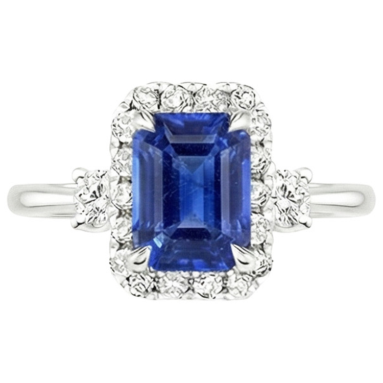 Bague Halo 3 Pierres Saphir Bleu Radiant & Diamant Naturels Extraits des Mines ( et non cultivés en laboratoire ) 4.50 Carats
