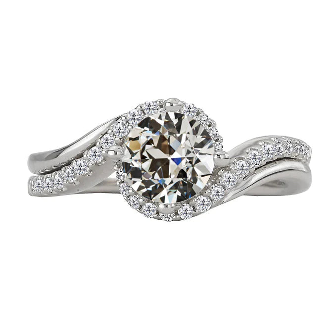 Bague Halo 4 Carats Ronde ancienne mine Cut Réel Diamant Tige Torsadée Or