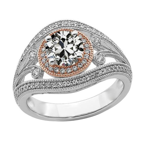 Bague Halo Bicolore 4 Carats Ronde Ancienne Mine Cut Naturel Diamond Millgrain