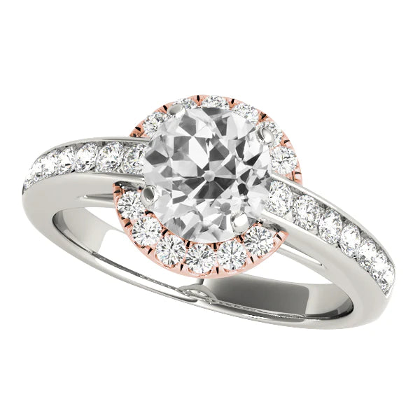 Bague Halo Bicolore Ronde Réel Diamants Taille Ancienne Mine 4.50 Carats Serti Canal