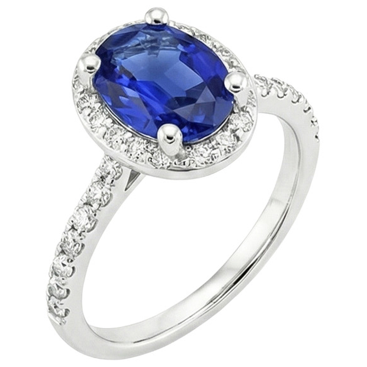 Bague Halo Ceylan Saphir Taille Ovale & Diamants Ronds 3.25 Carats