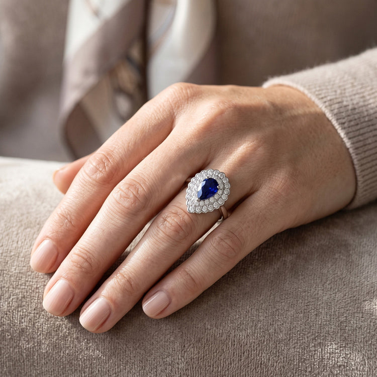 Bague Halo Cluster Poire Saphir