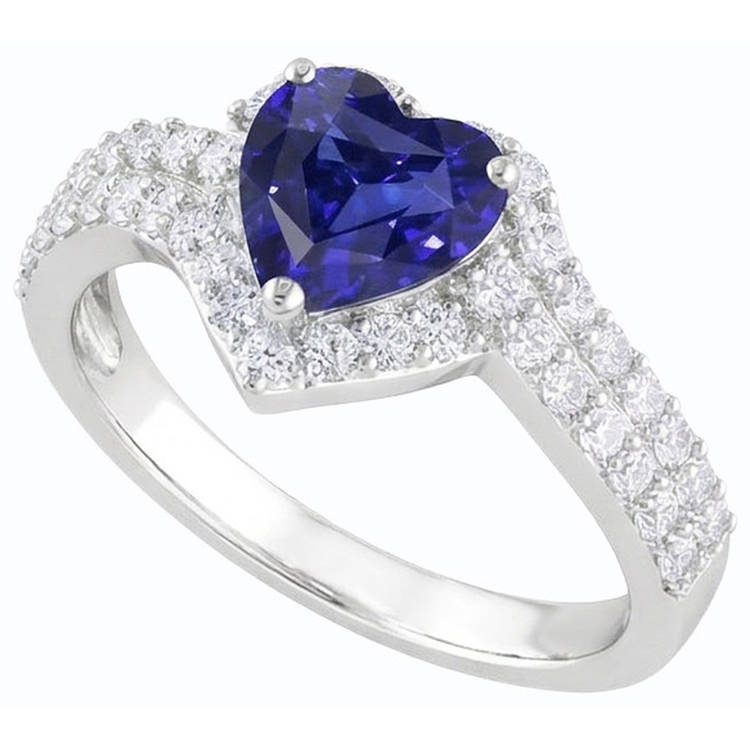 Bague Halo Coeur Saphir Bleu Naturel 4 Carats Diamants