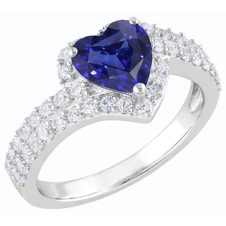 Bague Halo Coeur Saphir Bleu Naturel 4 Carats Diamants