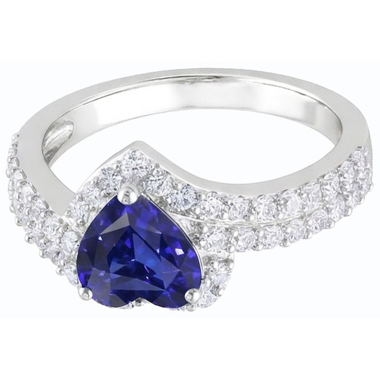 Bague Halo Coeur Saphir Bleu Naturel 4 Carats Diamants