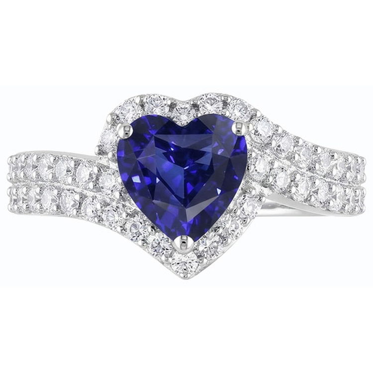 Bague Halo Coeur Saphir Bleu Naturel 4 Carats Diamants
