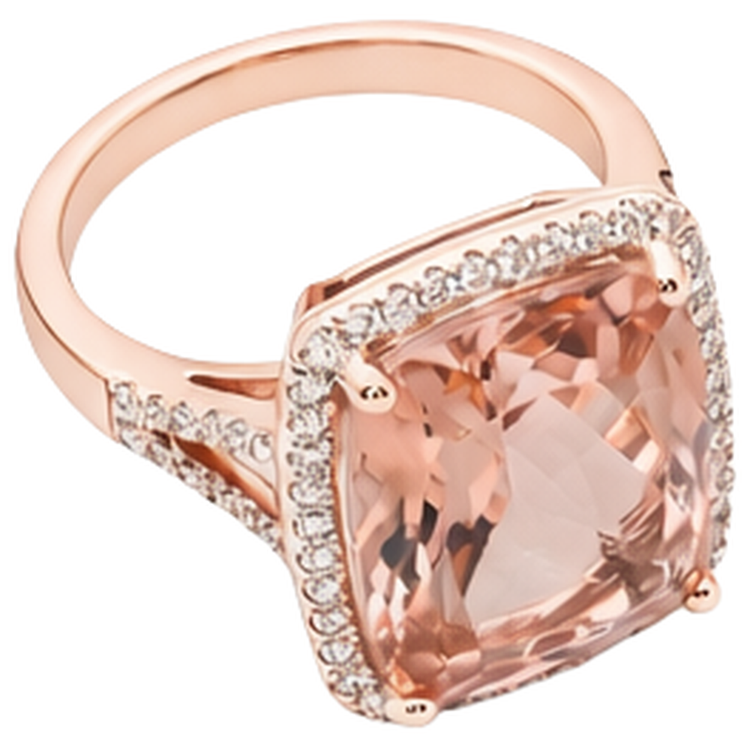 Bague Halo Coussin Morganite Et Diamant 13.90 Ct Or Rose