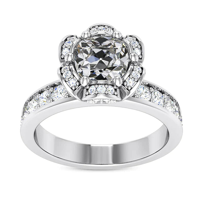 Bague Halo Coussin Réel Diamant Taille Ancienne Bague Fleur Canal Sertie 5 Carats
