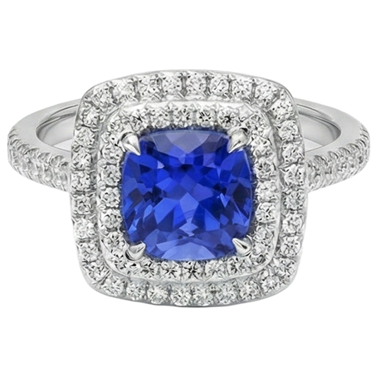 Bague Halo Coussin Tanzanite Et Diamants 15 Ct Or Blanc 14K