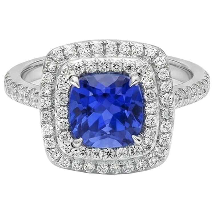 Bague Halo Coussin Tanzanite Et Diamants 15 Ct Or Blanc 14K