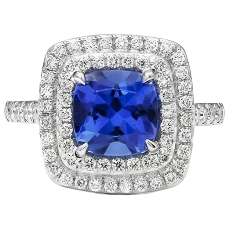 Bague Halo Coussin Tanzanite Et Diamants 15 Ct Or Blanc 14K