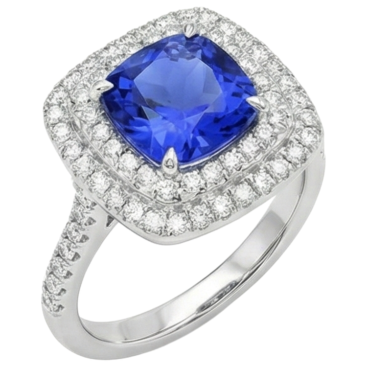 Bague Halo Coussin Tanzanite Et Diamants 15 Ct Or Blanc 14K