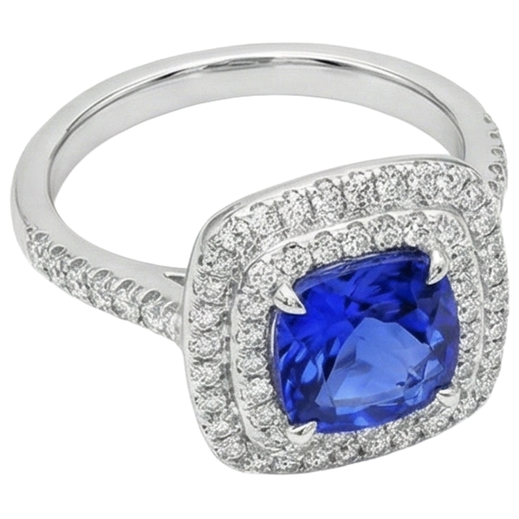 Bague Halo Coussin Tanzanite Et Diamants 15 Ct Or Blanc 14K