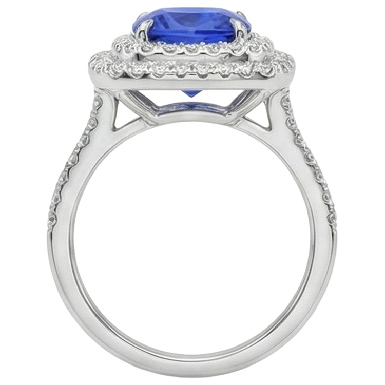 Bague Halo Coussin Tanzanite Et Diamants 15 Ct Or Blanc 14K