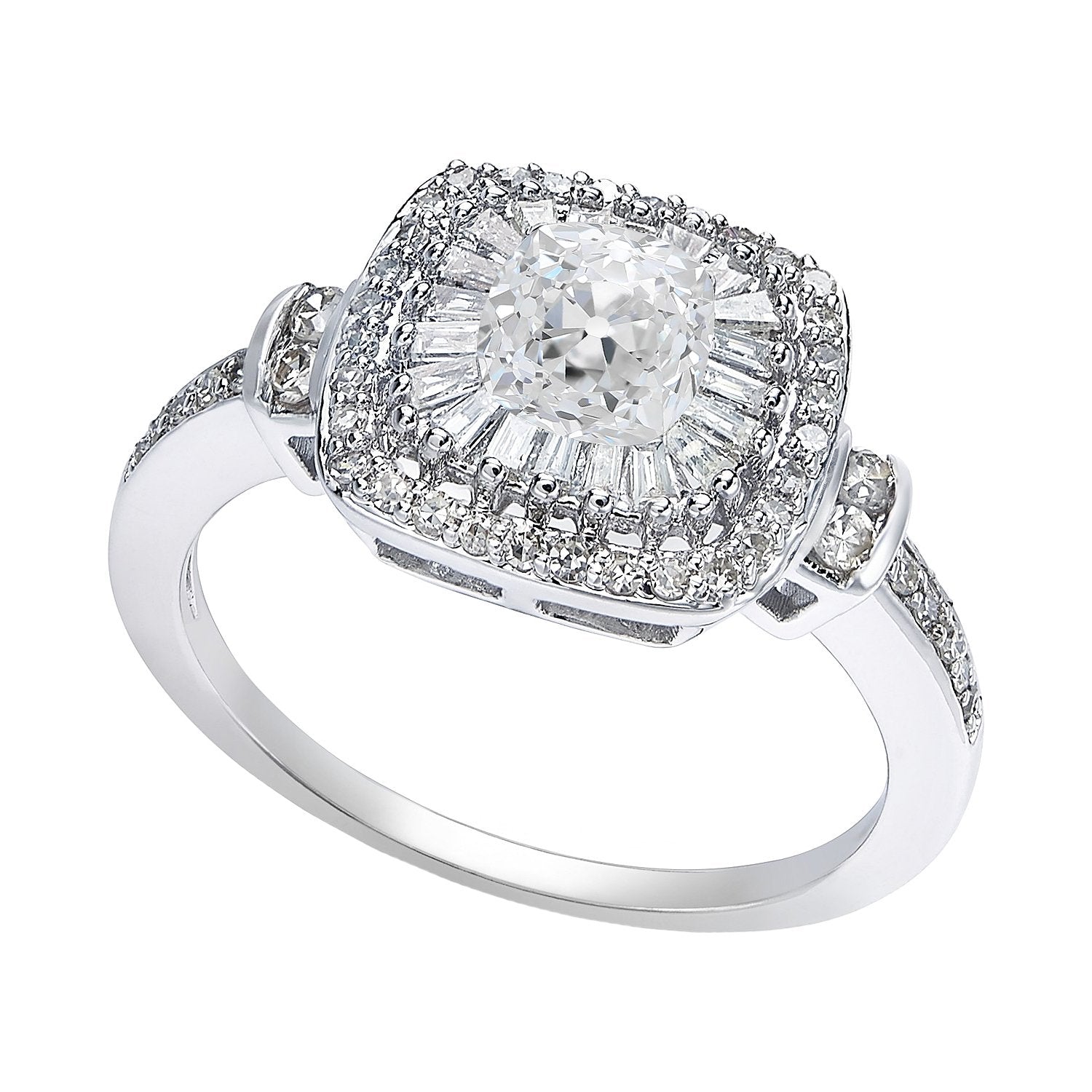 Bague Halo Cushion Old Cut Baguette & Réel Diamant Rond 4.75 Carats