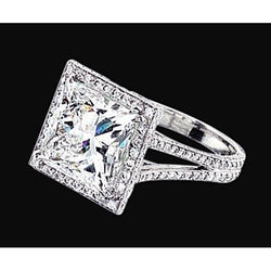 Bague Halo De Diamants A Double Rangée De Véritable Diamants Au Centre De La Princesse 2.55 Carats En Or Blanc 14K