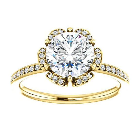 Bague Halo De Fiançailles Avec Réel Diamant Rond De 1.71 Carat De Style Fleur YG 14K