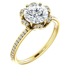 Bague Halo De Fiançailles Avec Réel Diamant Rond De 1.71 Carat De Style Fleur YG 14K