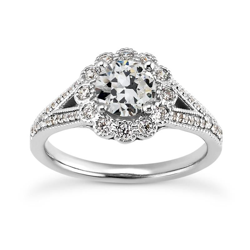 Bague Halo De Naturel Diamants Taille Ancienne Mine Style Fleur à Tige Fendue 4.75 Carats