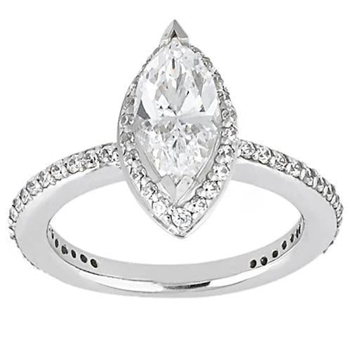 Bague Halo De Réel Diamants Taille Marquise Avec Accent En Or Blanc De 1.5 Carat 14K