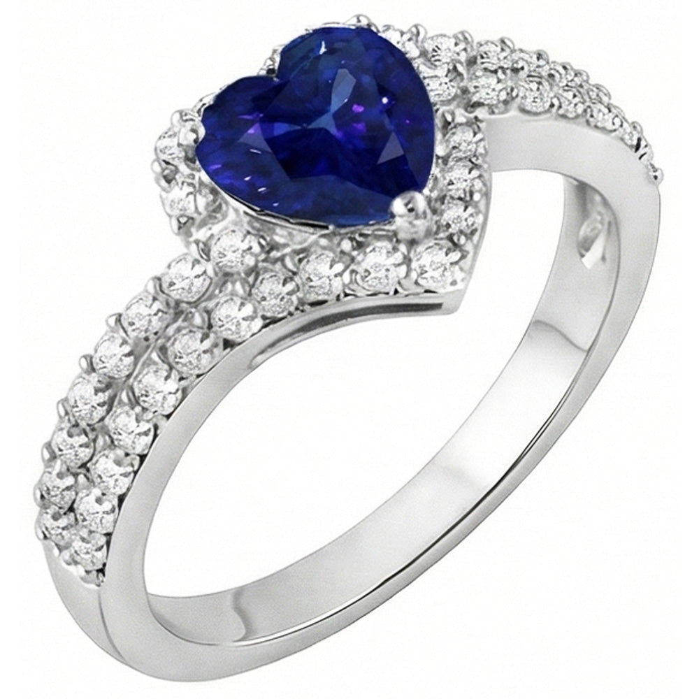 Bague Halo Diamant 4.50 Carats Coeur Saphir Bleu Double Tige