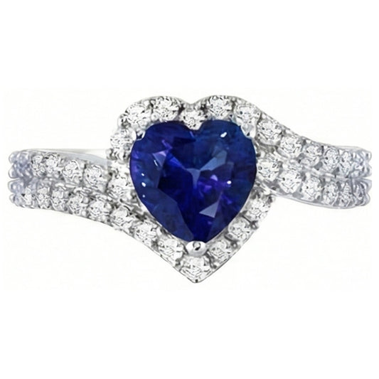 Bague Halo Diamant 4.50 Carats Coeur Saphir Bleu Double Tige