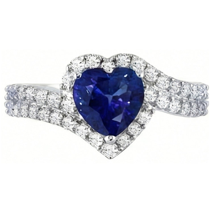 Bague Halo Diamant 4.50 Carats Coeur Saphir Bleu Double Tige