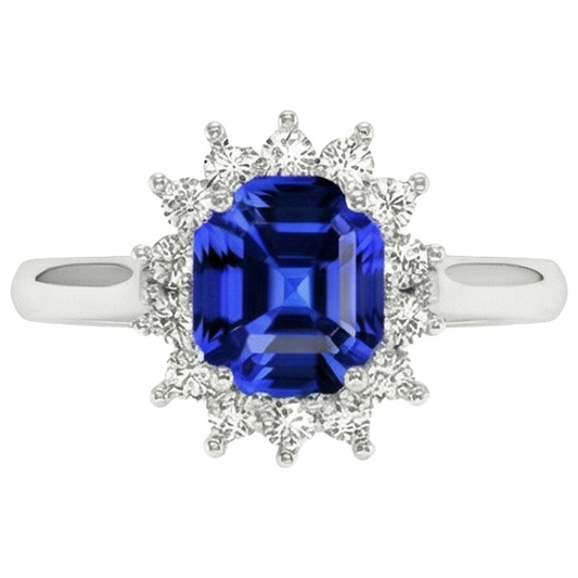 Bague Halo Diamant Naturels Extraits des Mines ( et non cultivés en laboratoire ) Asscher Taille Saphir Bleu 6.50 Carats Or 14K