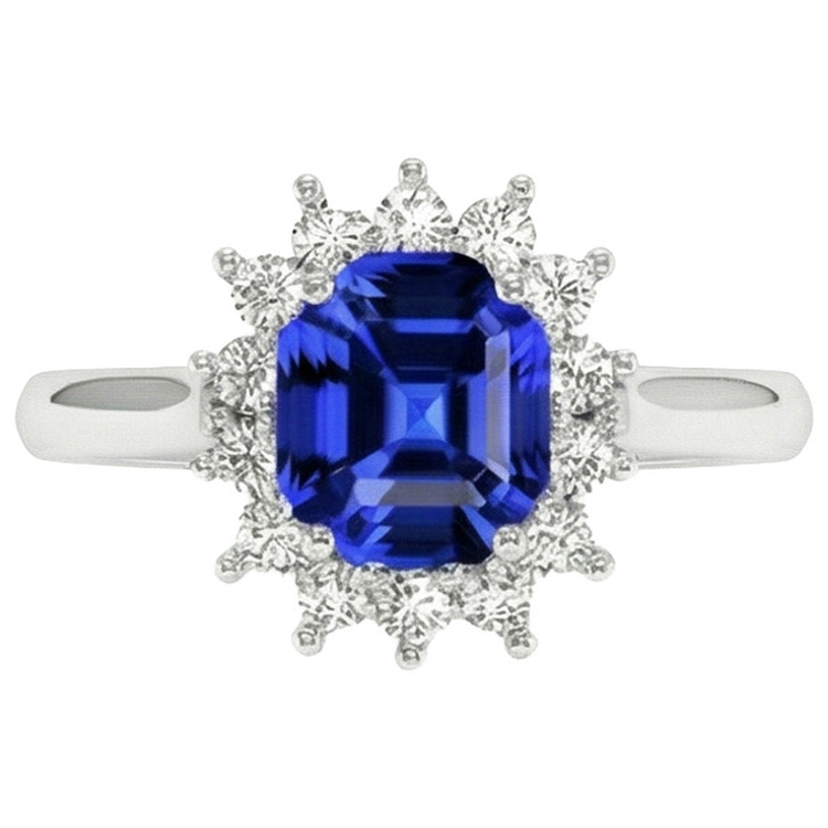 Bague Halo Diamant Naturels Extraits des Mines ( et non cultivés en laboratoire ) Asscher Taille Saphir Bleu 6.50 Carats Or 14K
