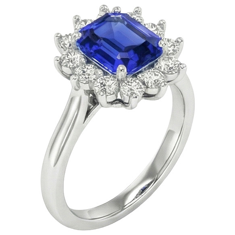 Bague Halo Diamant Naturels Extraits des Mines ( et non cultivés en laboratoire ) Asscher Taille Saphir Bleu 6.50 Carats Or 14K