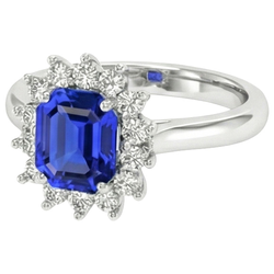 Bague Halo Diamant Naturels Extraits des Mines ( et non cultivés en laboratoire ) Asscher Taille Saphir Bleu 6.50 Carats Or 14K