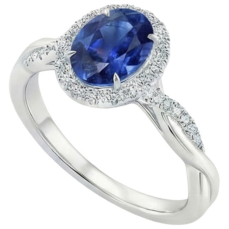 Bague Halo Diamant Naturels Extraits des Mines ( et non cultivés en laboratoire ) Blanc Saphir Bleu Naturel Tige Torsadée 5 Carats