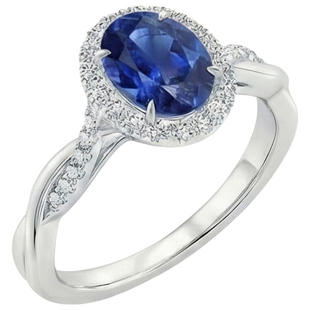 Bague Halo Diamant Naturels Extraits des Mines ( et non cultivés en laboratoire ) Blanc Saphir Bleu Naturel Tige Torsadée 5 Carats