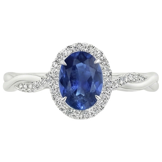 Bague Halo Diamant Naturels Extraits des Mines ( et non cultivés en laboratoire ) Blanc Saphir Bleu Naturel Tige Torsadée 5 Carats
