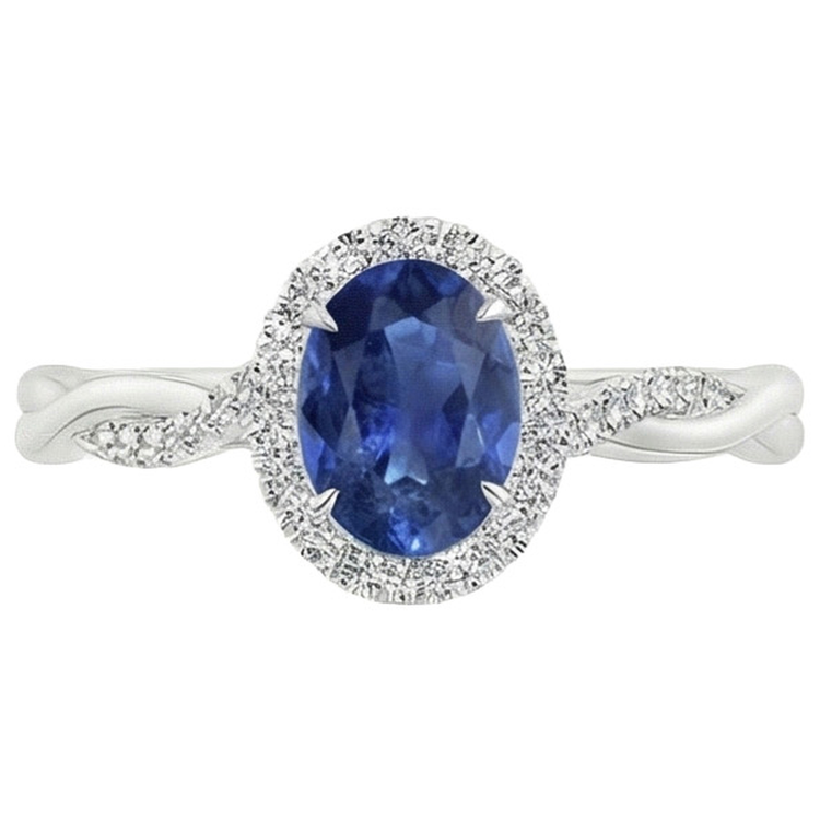Bague Halo Diamant Naturels Extraits des Mines ( et non cultivés en laboratoire ) Blanc Saphir Bleu Naturel Tige Torsadée 5 Carats