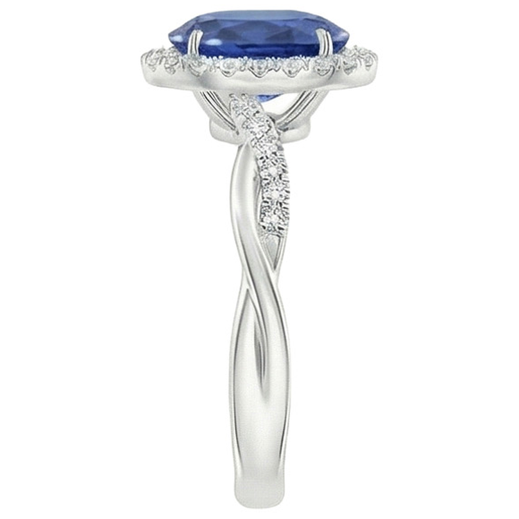 Bague Halo Diamant Naturels Extraits des Mines ( et non cultivés en laboratoire ) Blanc Saphir Bleu Naturel Tige Torsadée 5 Carats